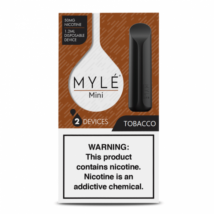 Myle mini tobacco is best disposable kit in world, it is portable pod system kit very easy to carry and use, myle mini tobacco it’s with 5% nicotine and 1.2mL liquid, one box inside coming two devices that each 270-320 puffs. The myle mini tobacco doesn't need refilling or charging. Myle mini tobacco Liquid: 1.2mL Nicotine: 5% Flavor: tobacco puffs: 270-320 Box inside: two devices Notes, Be sure to remove the rubber stopper from the top & the bottom sticker of the device before using. WARNING: THIS PRODUCT CONTAINS NICOTINE. NICOTINE IS AN ADDICTIVE CHEMICAL.