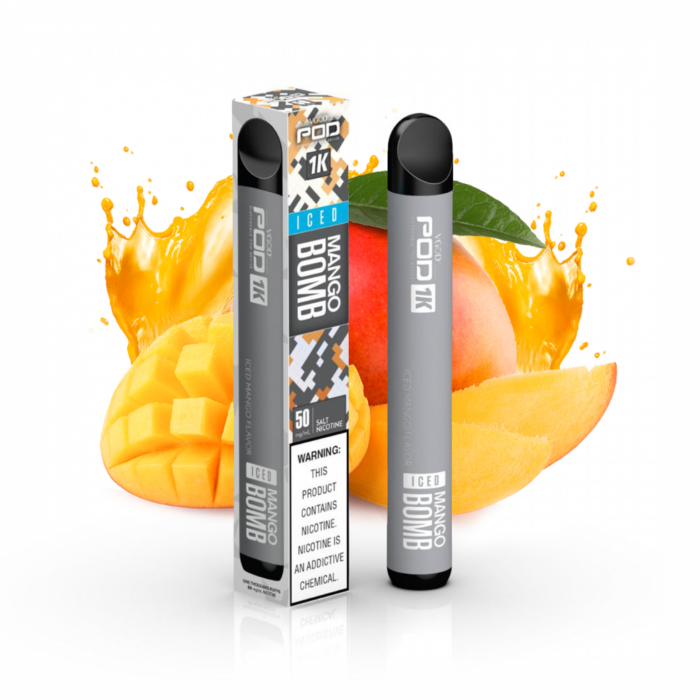 Vgod pod mango Bomb ICE 1k disposable device is a sweet, juicy and tangy citrusy mango with a cool menthol amazing flavor by VGOD 1k pod device.  VGOD Pod 1k Mango Bomb ICE