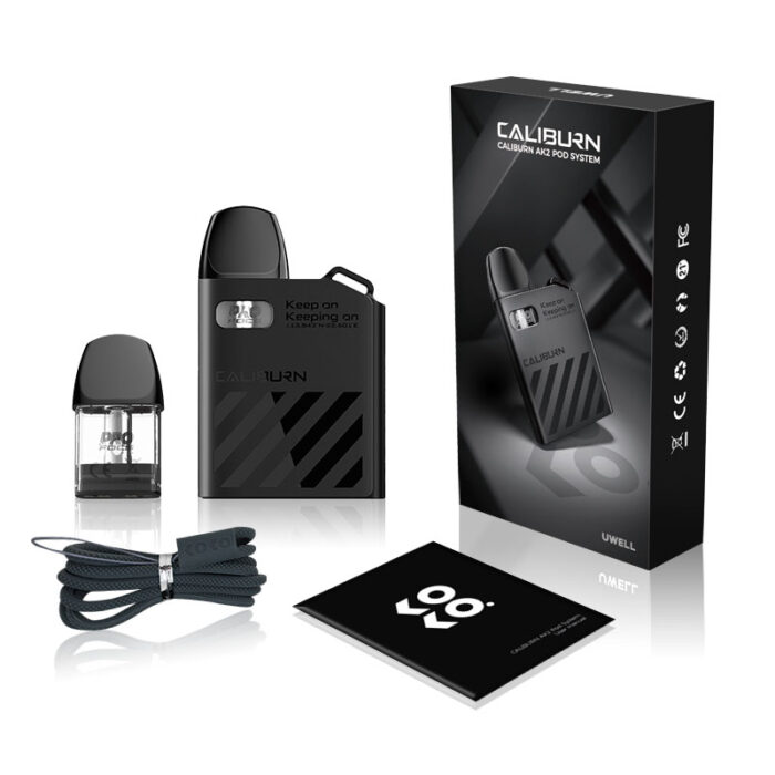 caliburn-ak2-kit-box Caliburn AK2 a amazing pod system kit by Uwell, This is the latest version of KoKo Prime, awesome looking and beautiful design great vapeing pod kit of caliburn AK2 pod kit, this built in battery, battery capacity 520mah fast charging by type-C.