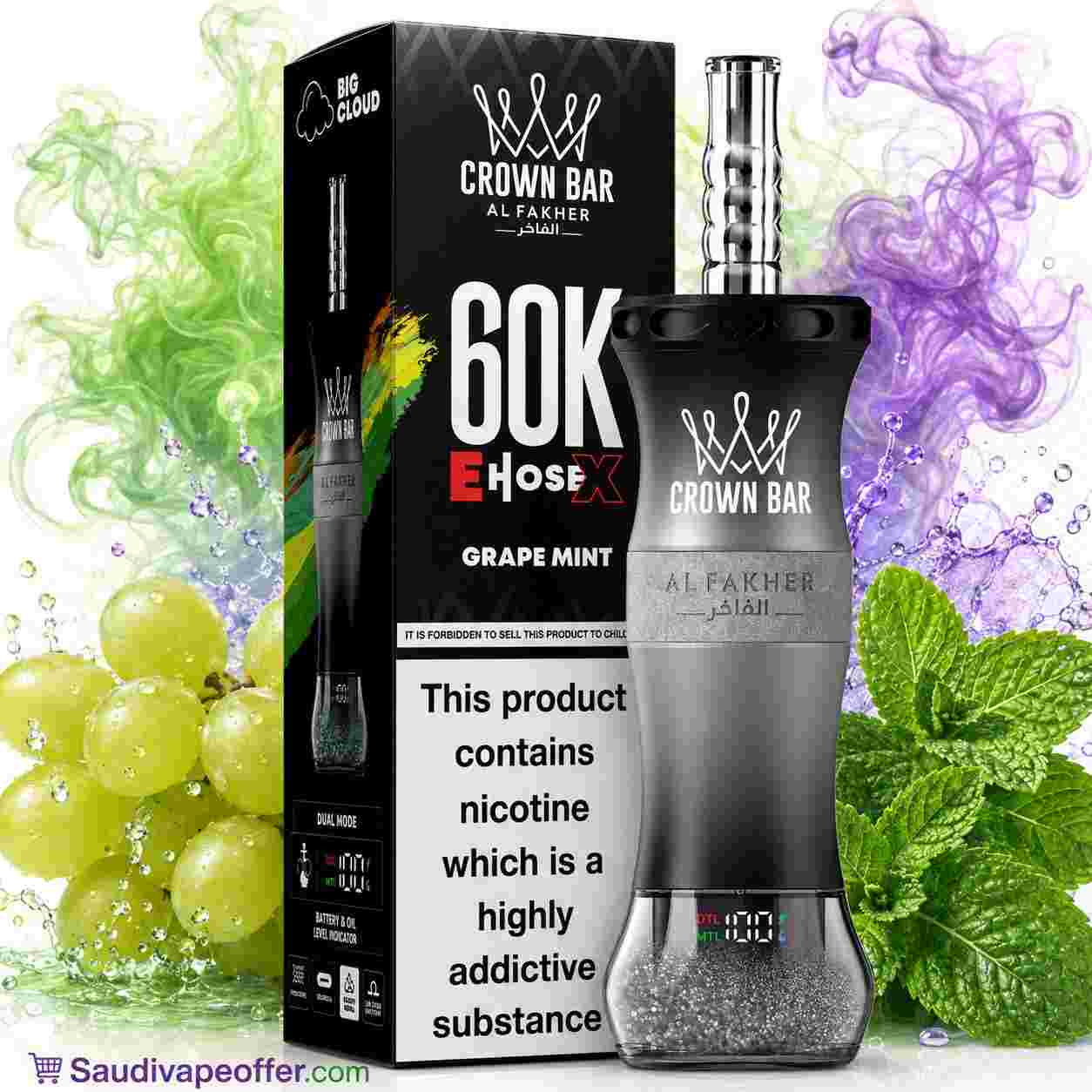 Al Fakher Crown Bar 60K Grape Mint Shisha Disposable Vape Al Fakher Crown Bar 60K Grape Mint 6mg rechargeable electronic shisha
